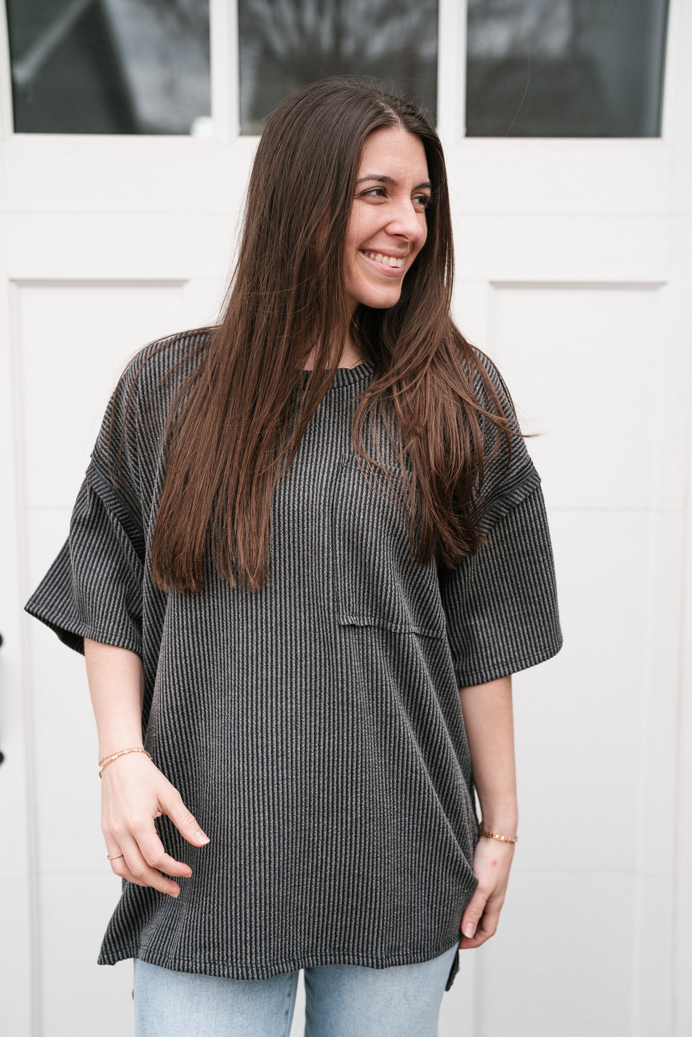 Forever Timeless Relaxed Ribbed Top- Charcoal