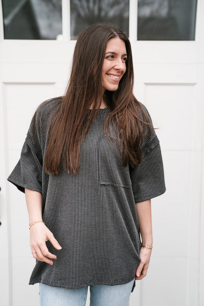 Forever Timeless Relaxed Ribbed Top- Charcoal