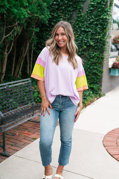 Delighted Color Block Short Sleeve Top- Lavender