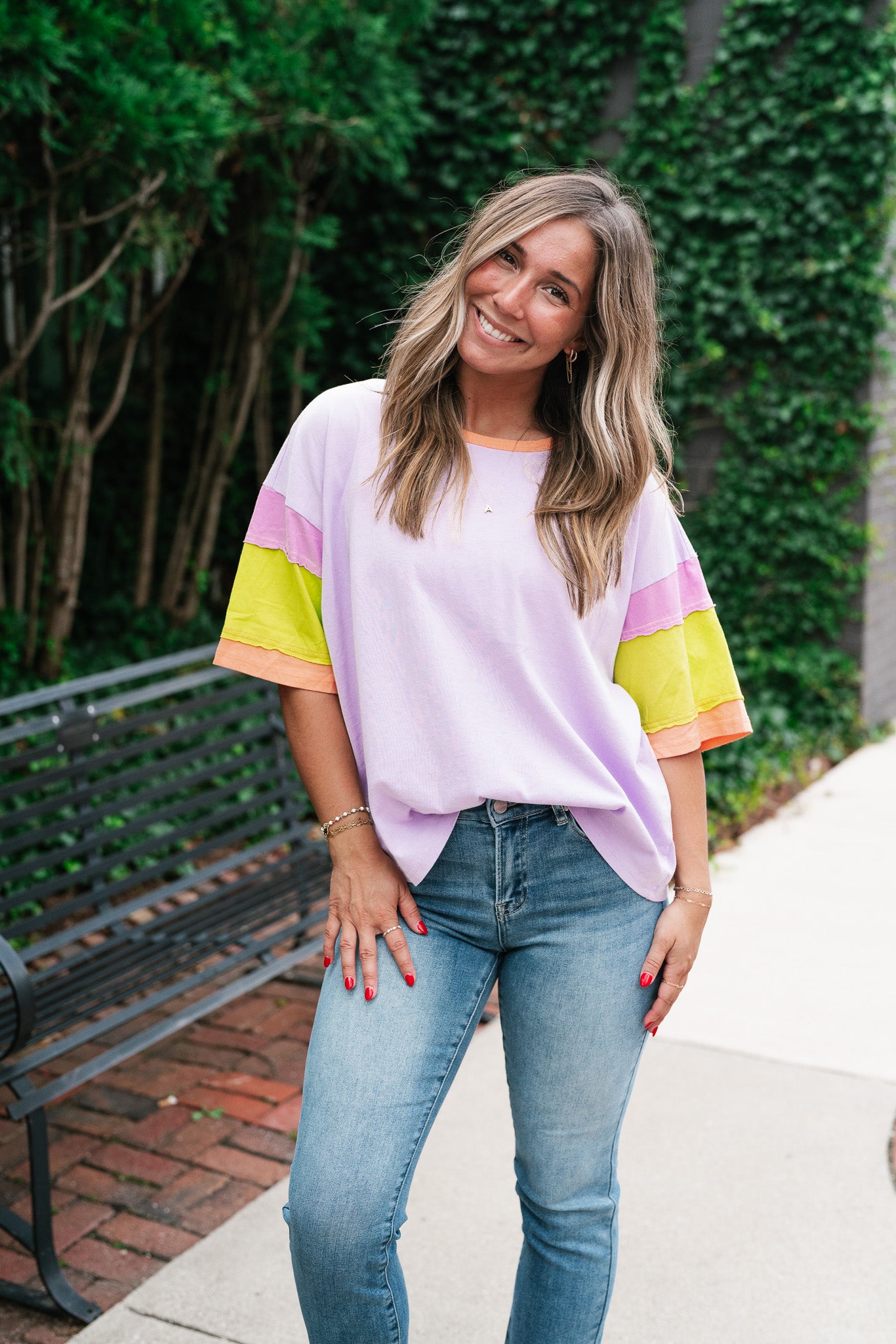 Delighted Color Block Short Sleeve Top- Lavender