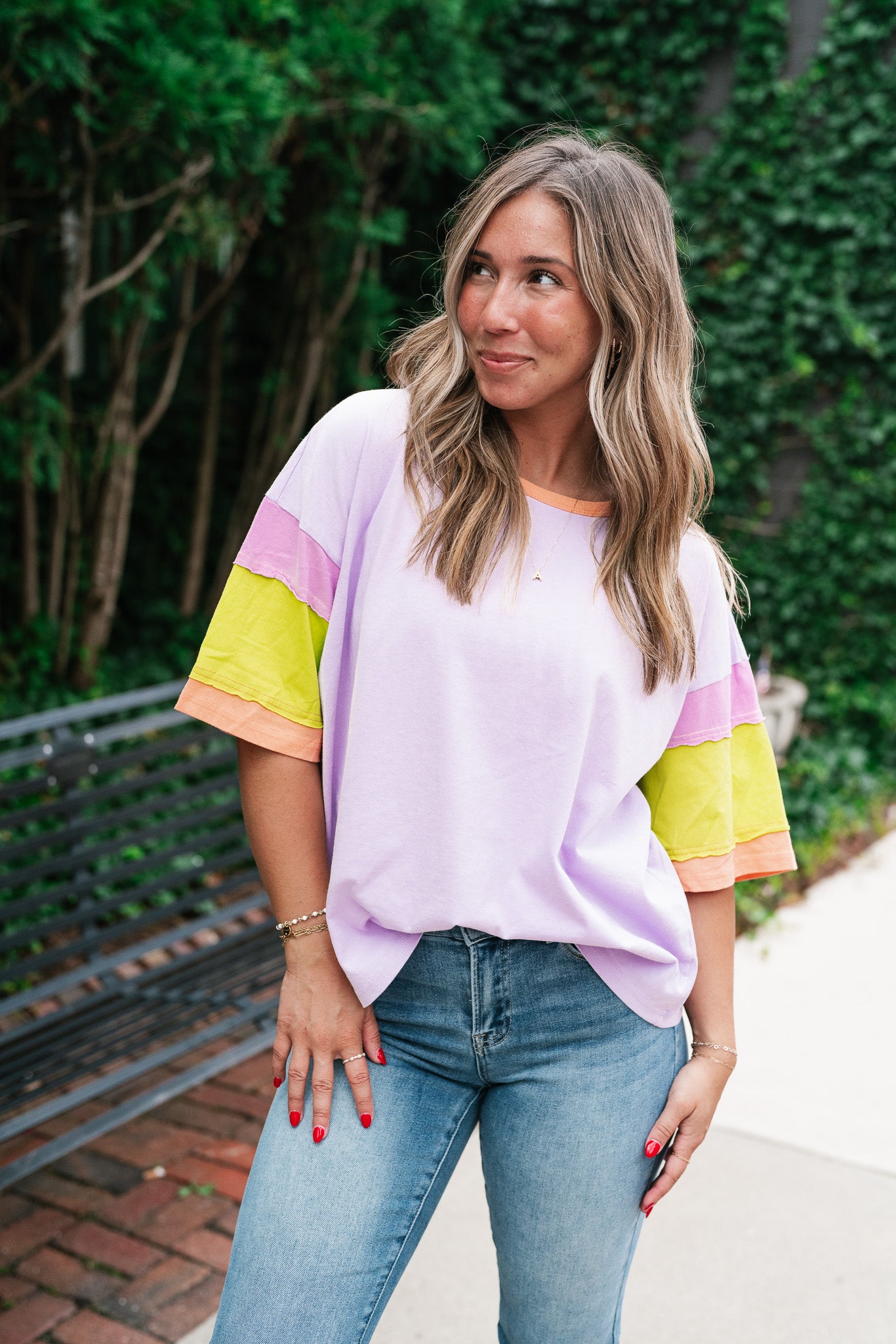 Delighted Color Block Short Sleeve Top- Lavender