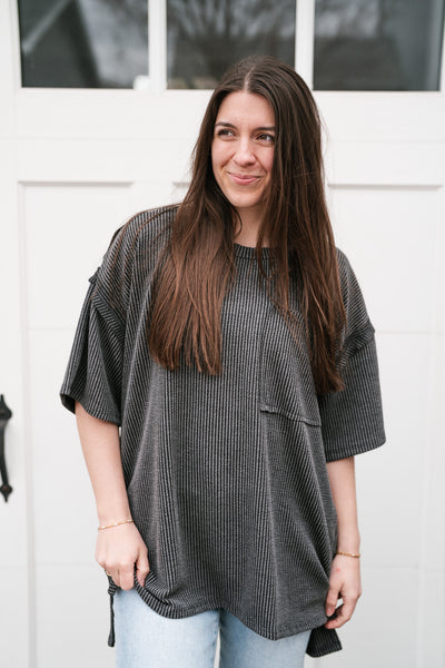 Forever Timeless Relaxed Ribbed Top- Charcoal