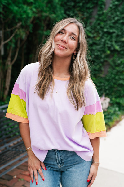 Delighted Color Block Short Sleeve Top- Lavender