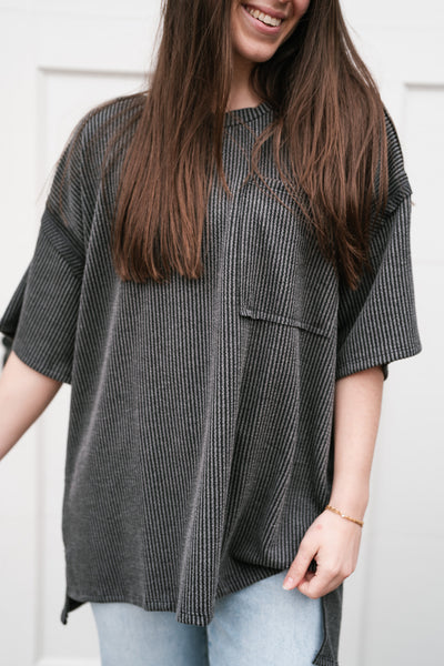 Forever Timeless Relaxed Ribbed Top- Charcoal