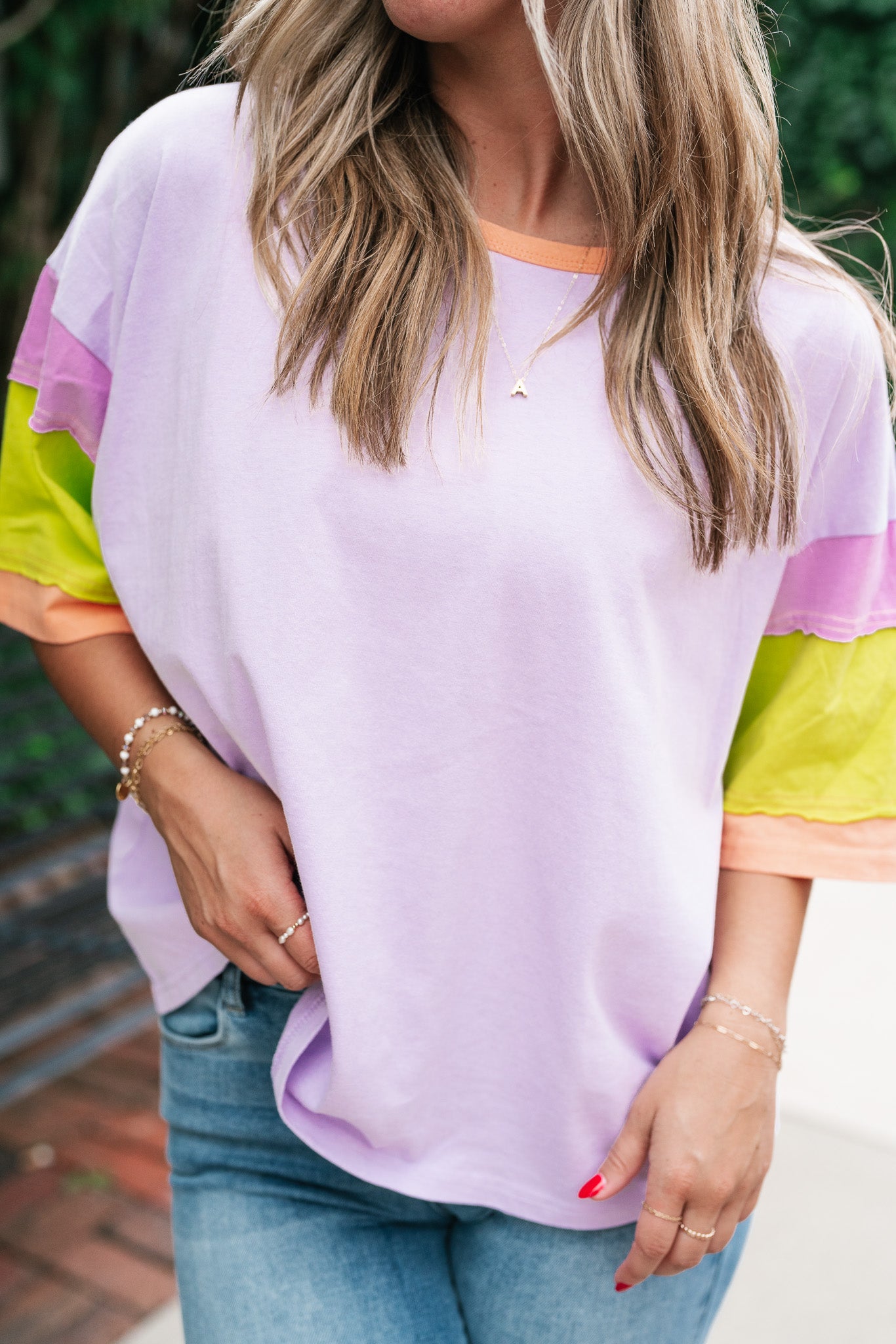 Delighted Color Block Short Sleeve Top- Lavender