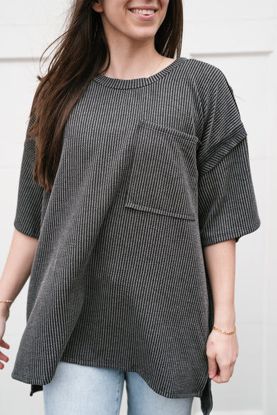 Forever Timeless Relaxed Ribbed Top- Charcoal