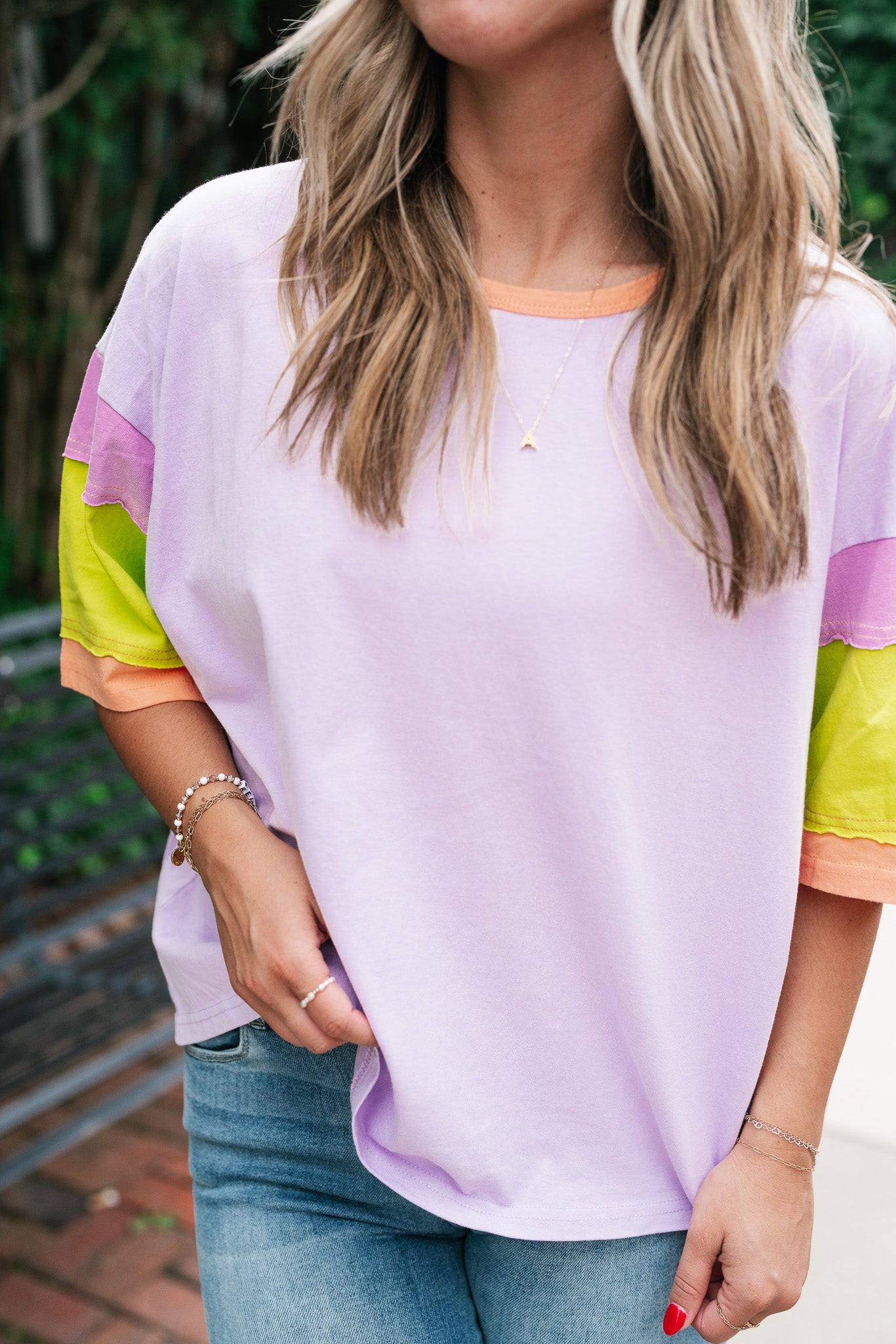 Delighted Color Block Short Sleeve Top- Lavender