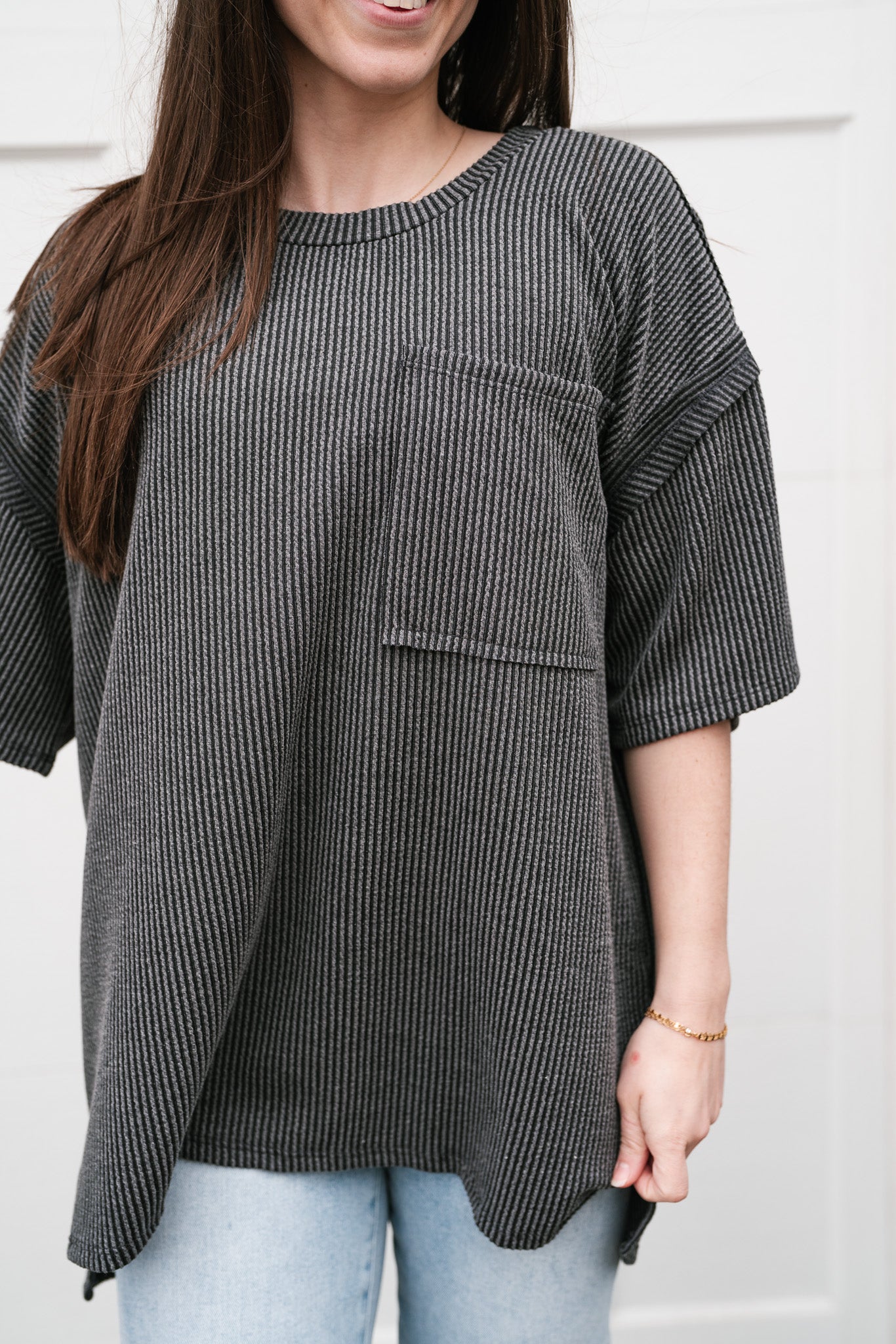 Forever Timeless Relaxed Ribbed Top- Charcoal