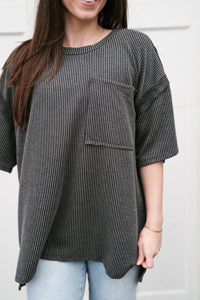 Forever Timeless Relaxed Ribbed Top- Charcoal