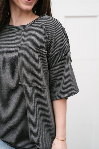 Forever Timeless Relaxed Ribbed Top- Charcoal