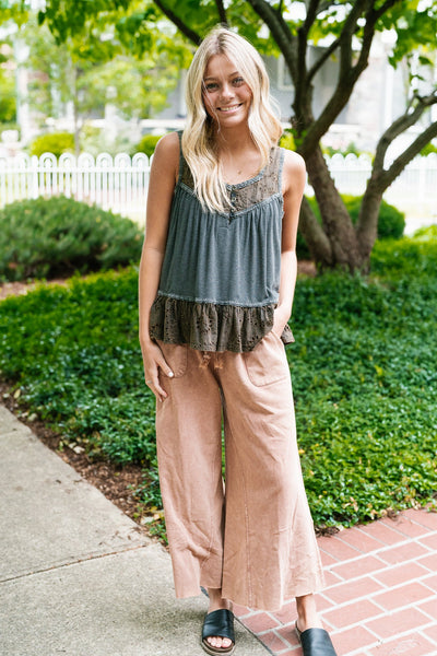 Can't Be Matched Mineral Wash Wide Leg Pants - Red Bean