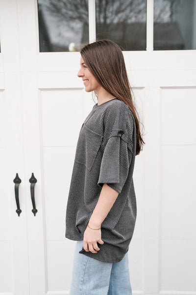 Forever Timeless Relaxed Ribbed Top- Charcoal