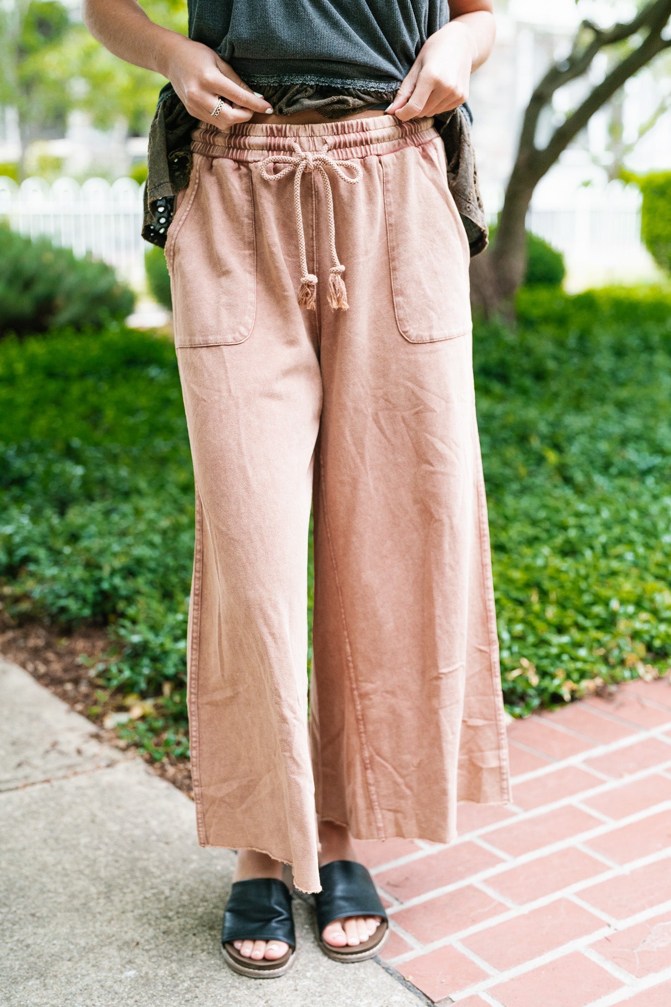 Can't Be Matched Mineral Wash Wide Leg Pants - Red Bean