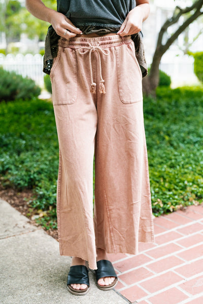 Can't Be Matched Mineral Wash Wide Leg Pants - Red Bean