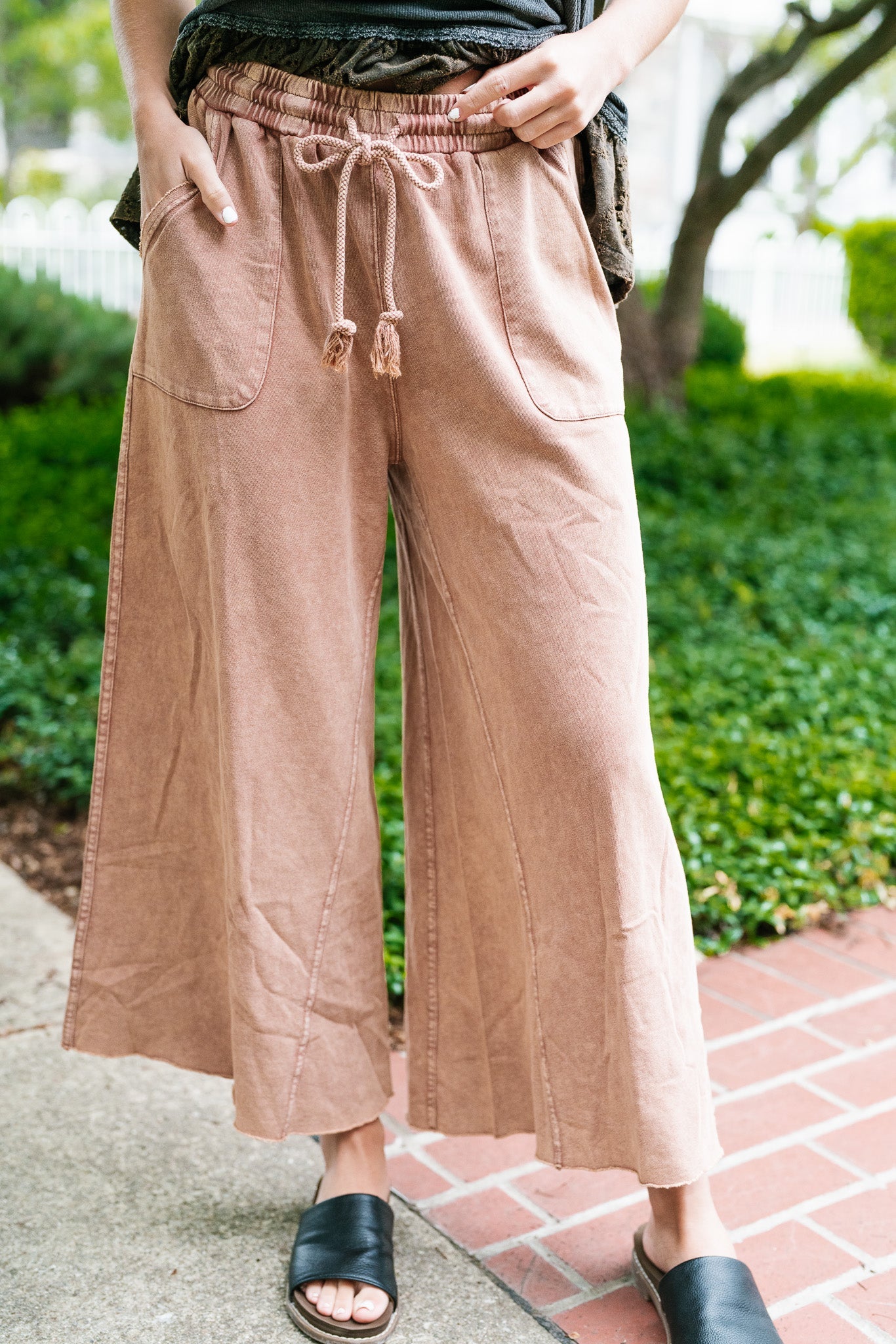 Can't Be Matched Mineral Wash Wide Leg Pants - Red Bean