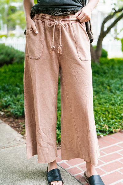 Can't Be Matched Mineral Wash Wide Leg Pants - Red Bean