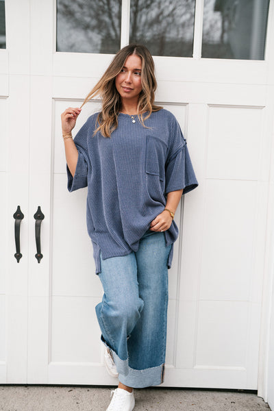 Forever Timeless Relaxed Ribbed Top- Navy