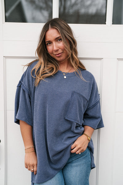 Forever Timeless Relaxed Ribbed Top- Navy