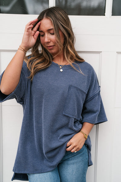 Forever Timeless Relaxed Ribbed Top- Navy
