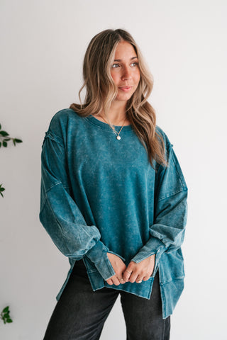 Daydream Oversized Mineral Wash Crewneck - Teal