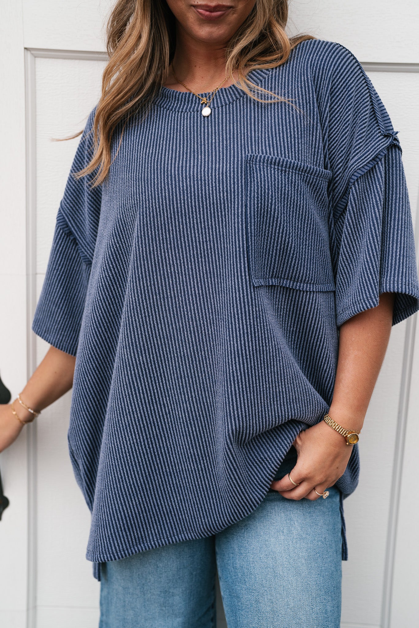 Forever Timeless Relaxed Ribbed Top- Navy