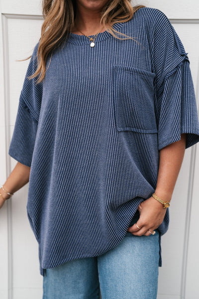 Forever Timeless Relaxed Ribbed Top- Navy
