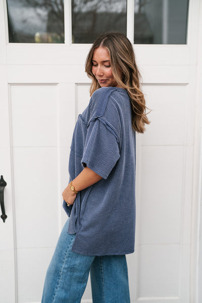 Forever Timeless Relaxed Ribbed Top- Navy