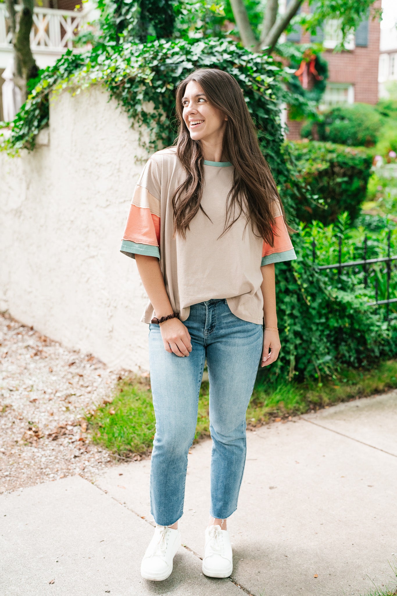 Delighted Color Block Short Sleeve Top-Khaki