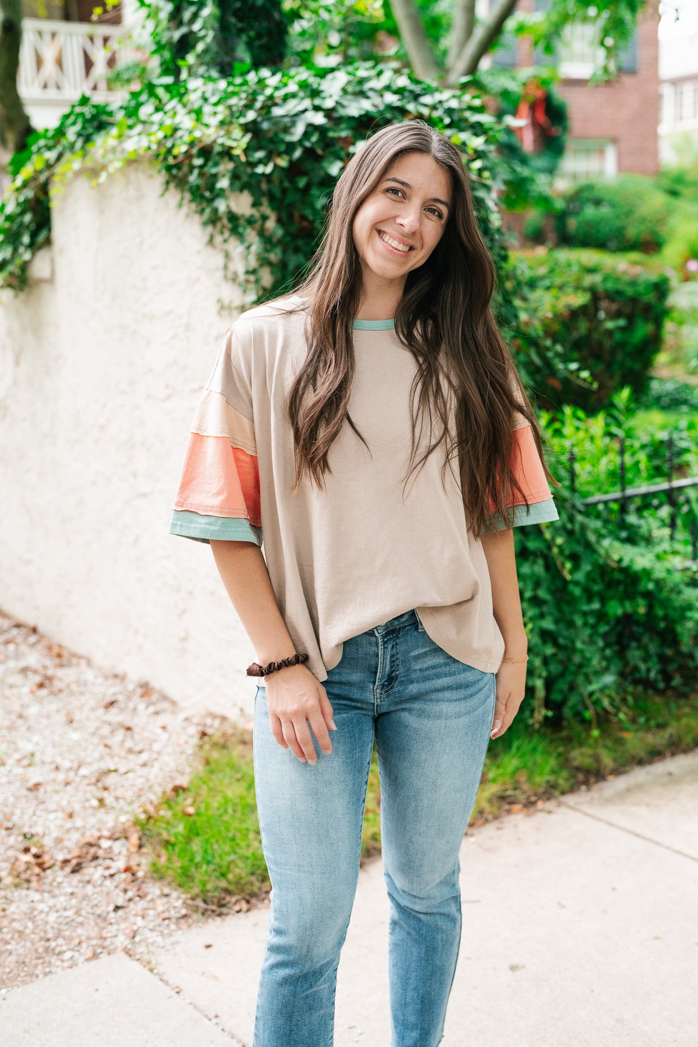 Delighted Color Block Short Sleeve Top-Khaki