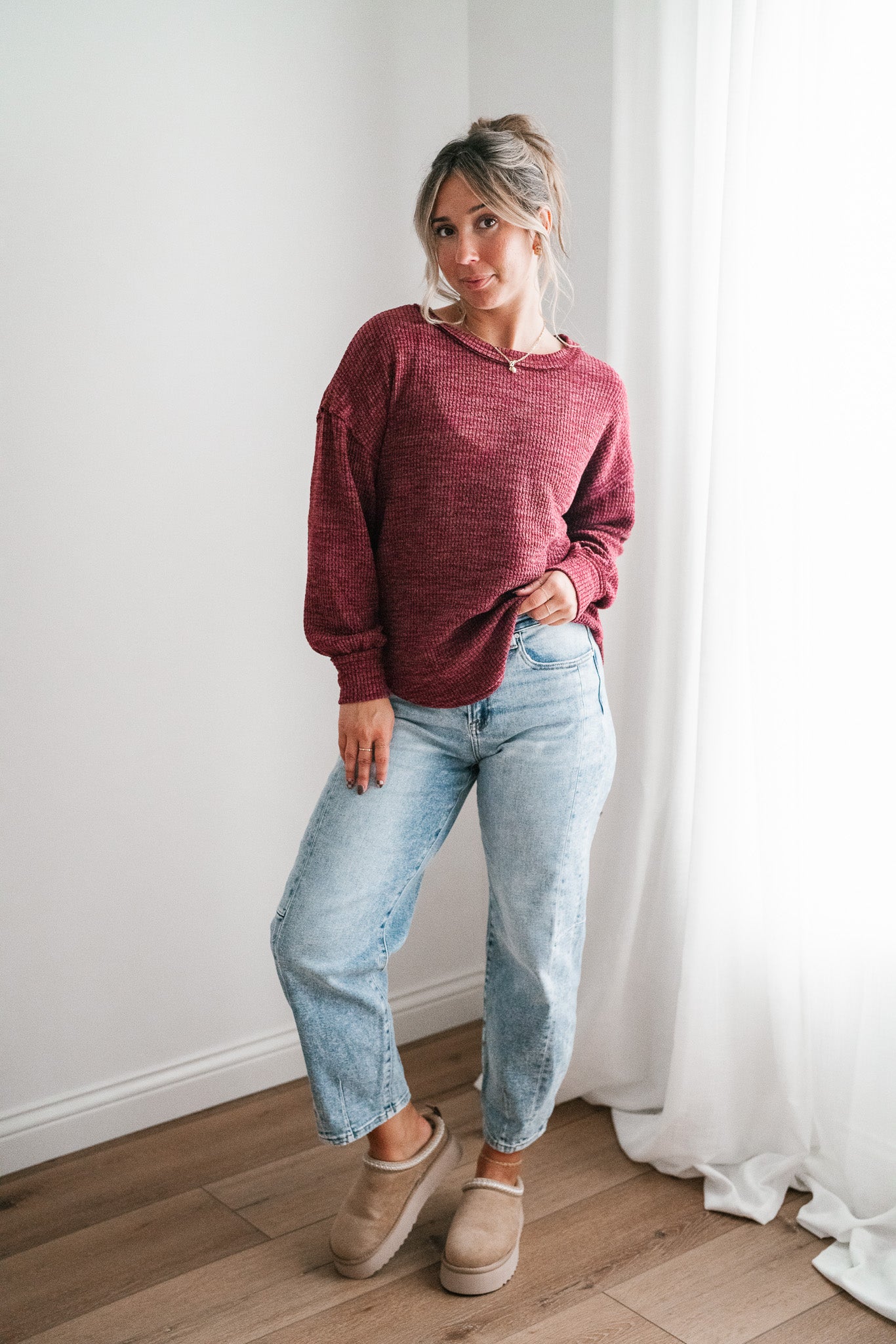 Simply Essential Ribbed Long Sleeve Top - Burgundy