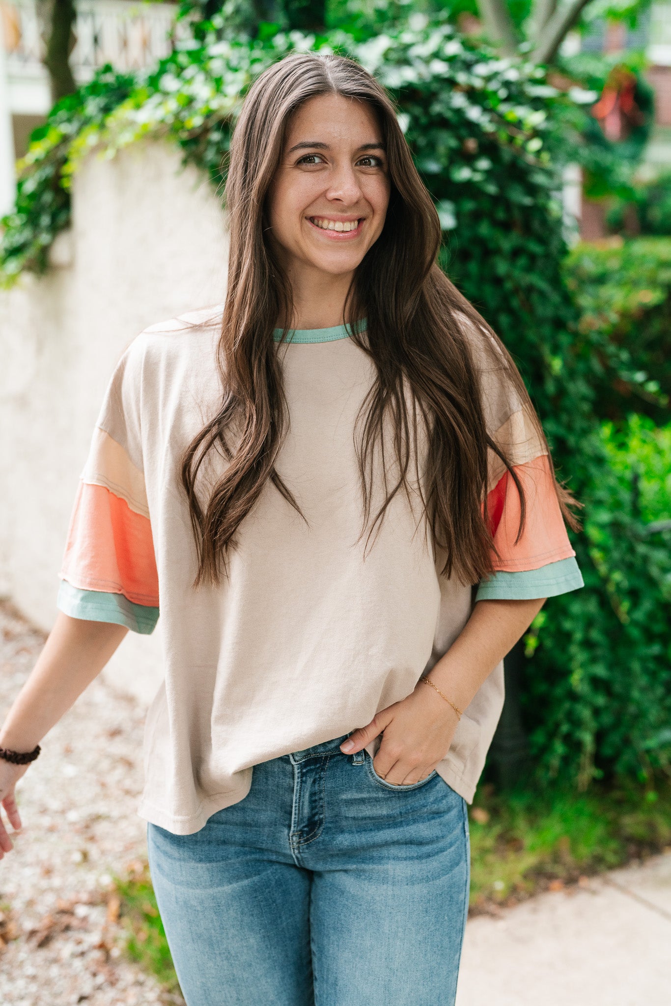 Delighted Color Block Short Sleeve Top-Khaki