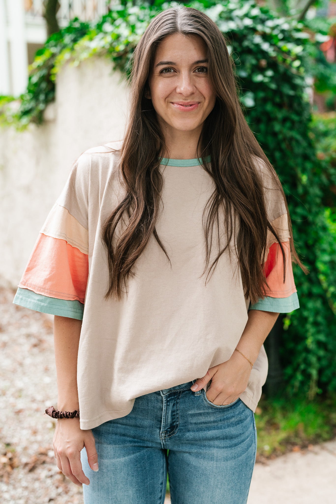 Delighted Color Block Short Sleeve Top-Khaki