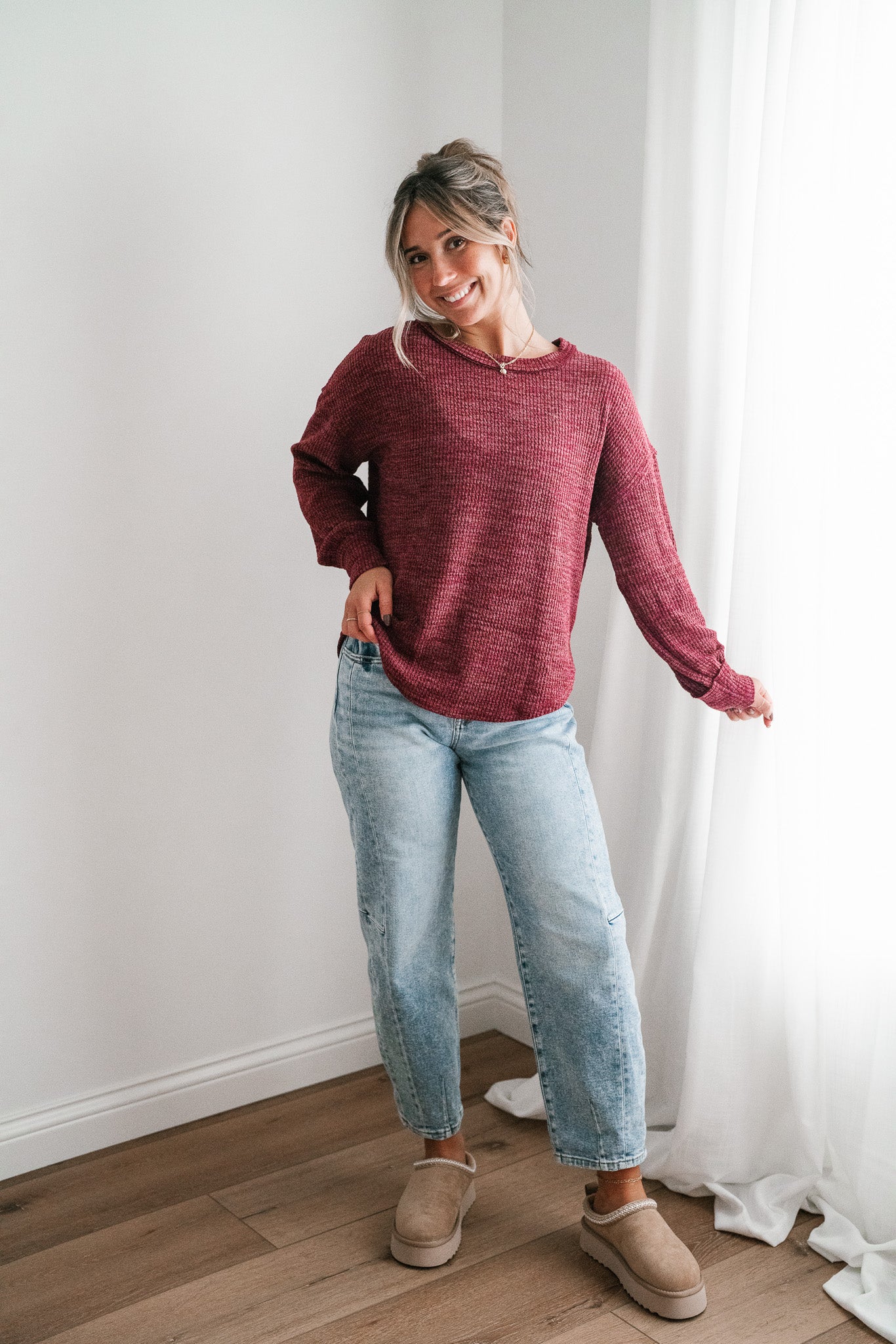 Simply Essential Ribbed Long Sleeve Top - Burgundy