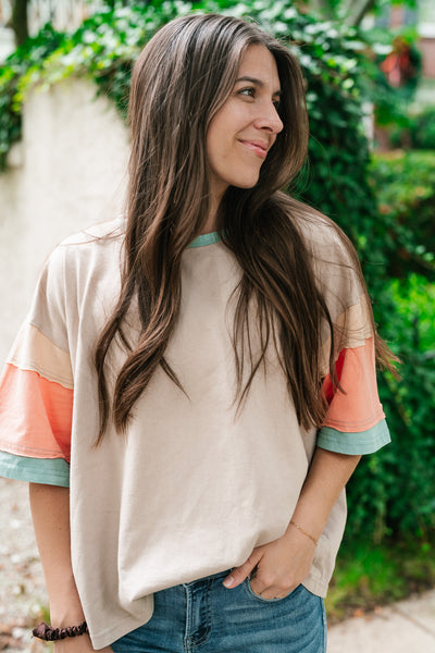 Delighted Color Block Short Sleeve Top-Khaki