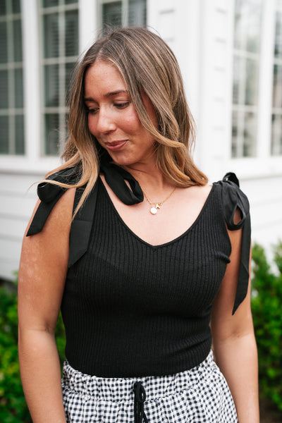 Knotted Shoulder Ribbed Sweater Tank - Black