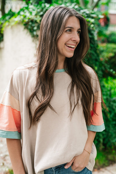 Delighted Color Block Short Sleeve Top-Khaki