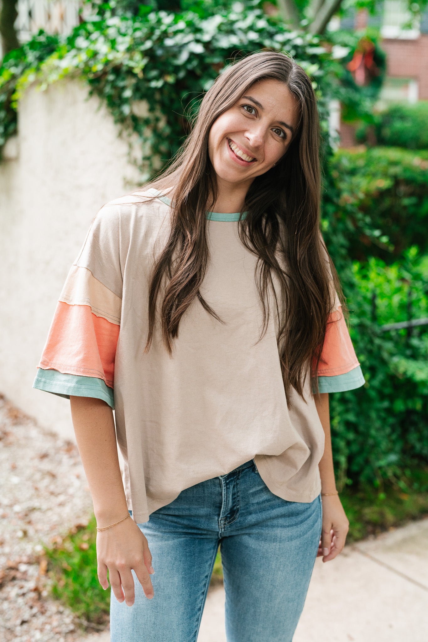 Delighted Color Block Short Sleeve Top-Khaki