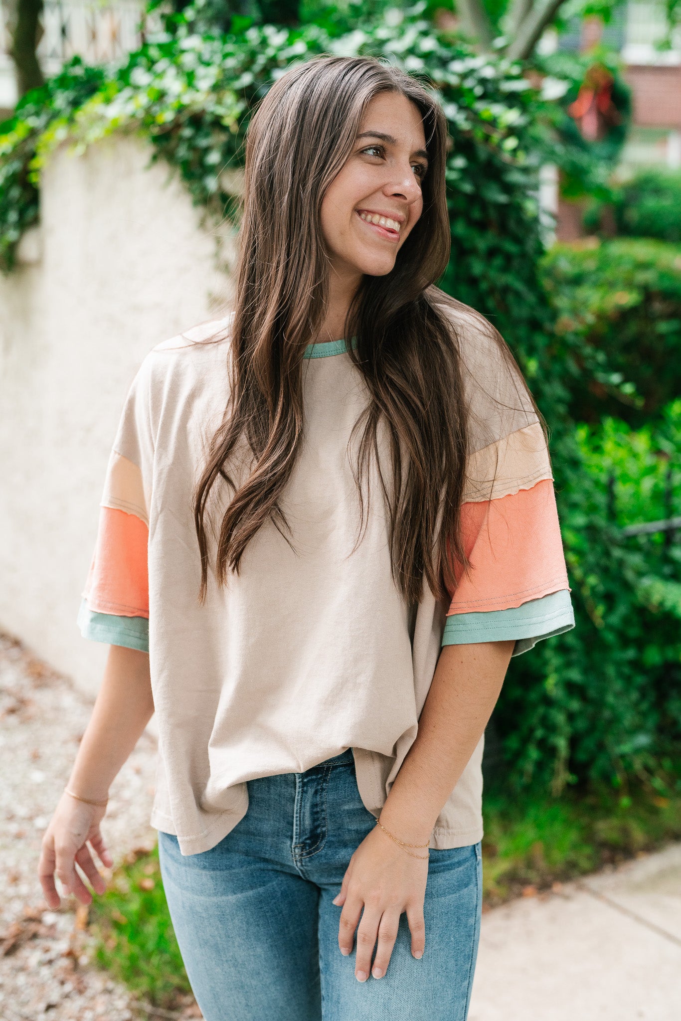 Delighted Color Block Short Sleeve Top-Khaki