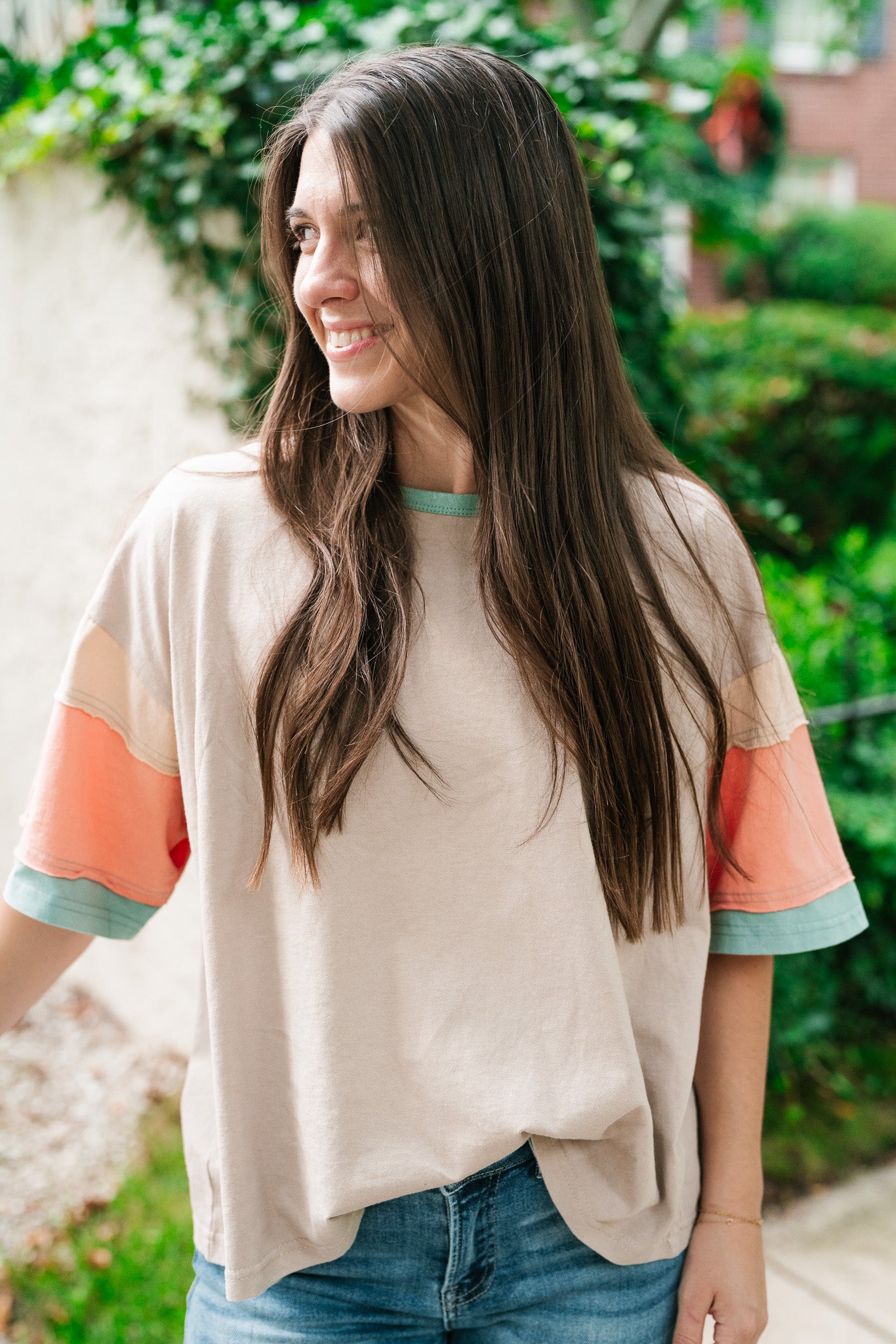 Delighted Color Block Short Sleeve Top-Khaki