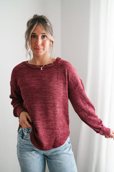 Simply Essential Ribbed Long Sleeve Top - Burgundy