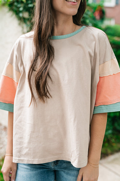 Delighted Color Block Short Sleeve Top-Khaki