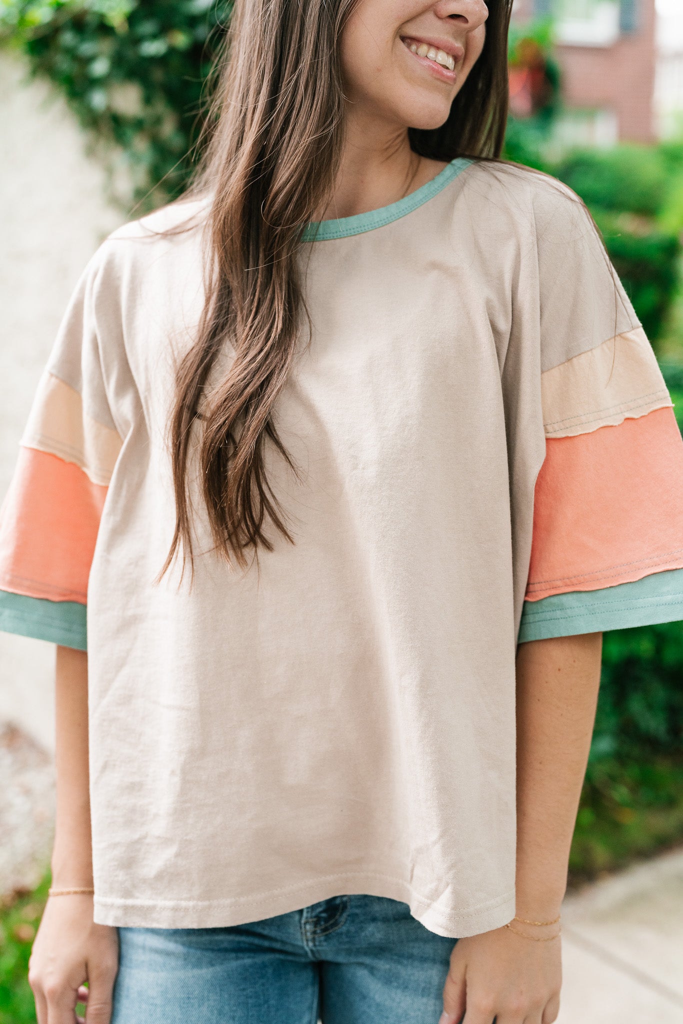 Delighted Color Block Short Sleeve Top-Khaki