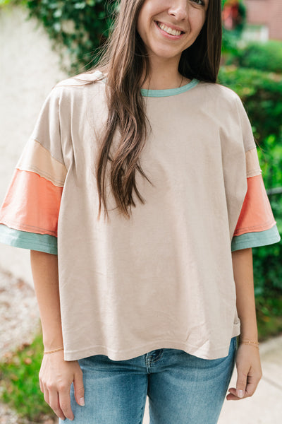 Delighted Color Block Short Sleeve Top-Khaki