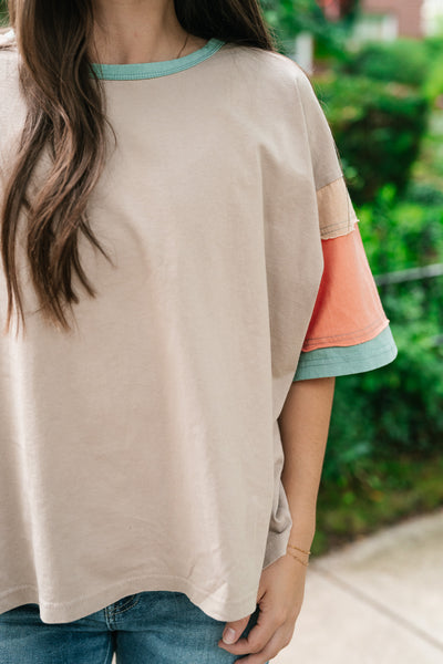 Delighted Color Block Short Sleeve Top-Khaki