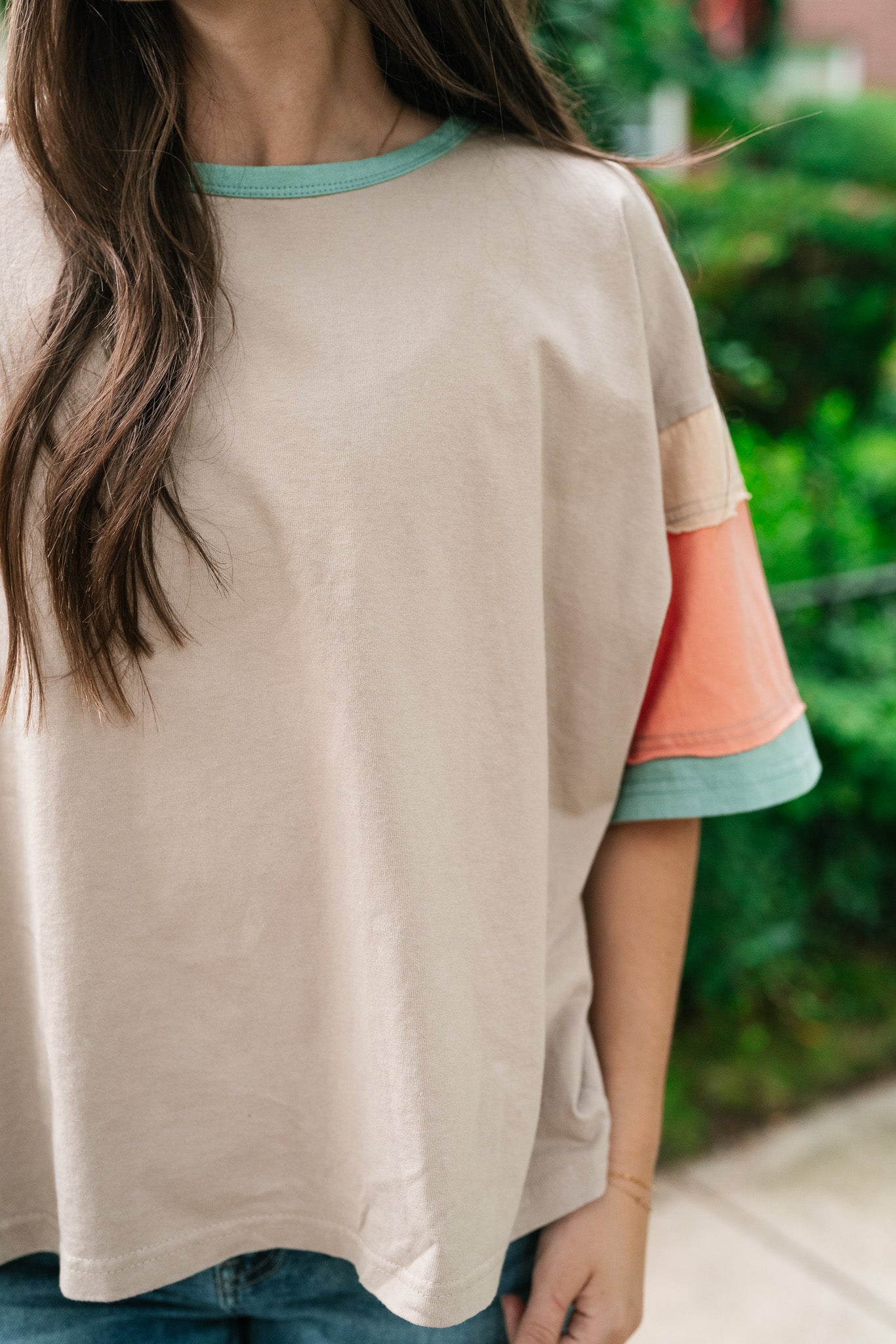 Delighted Color Block Short Sleeve Top-Khaki