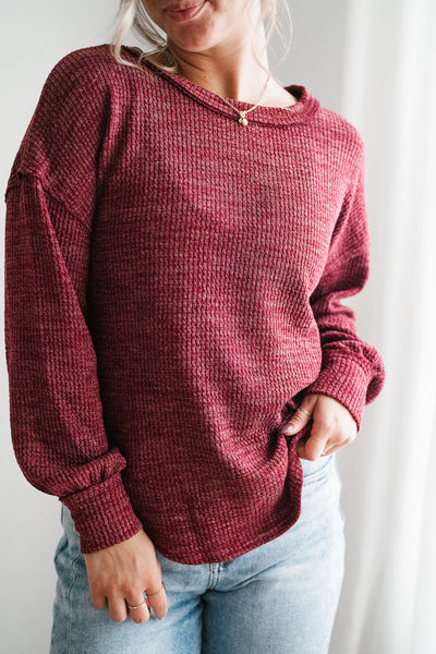 Simply Essential Ribbed Long Sleeve Top - Burgundy