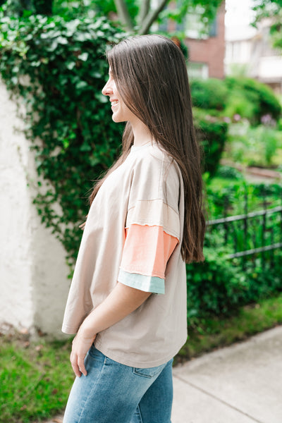 Delighted Color Block Short Sleeve Top-Khaki