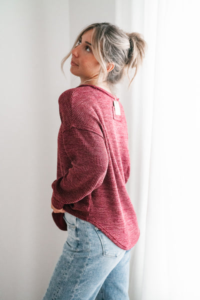 Simply Essential Ribbed Long Sleeve Top - Burgundy