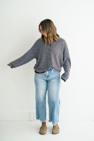 Hometown Stripe Henley Sweater - Brown