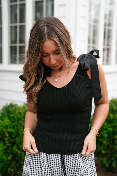 Knotted Shoulder Ribbed Sweater Tank - Black